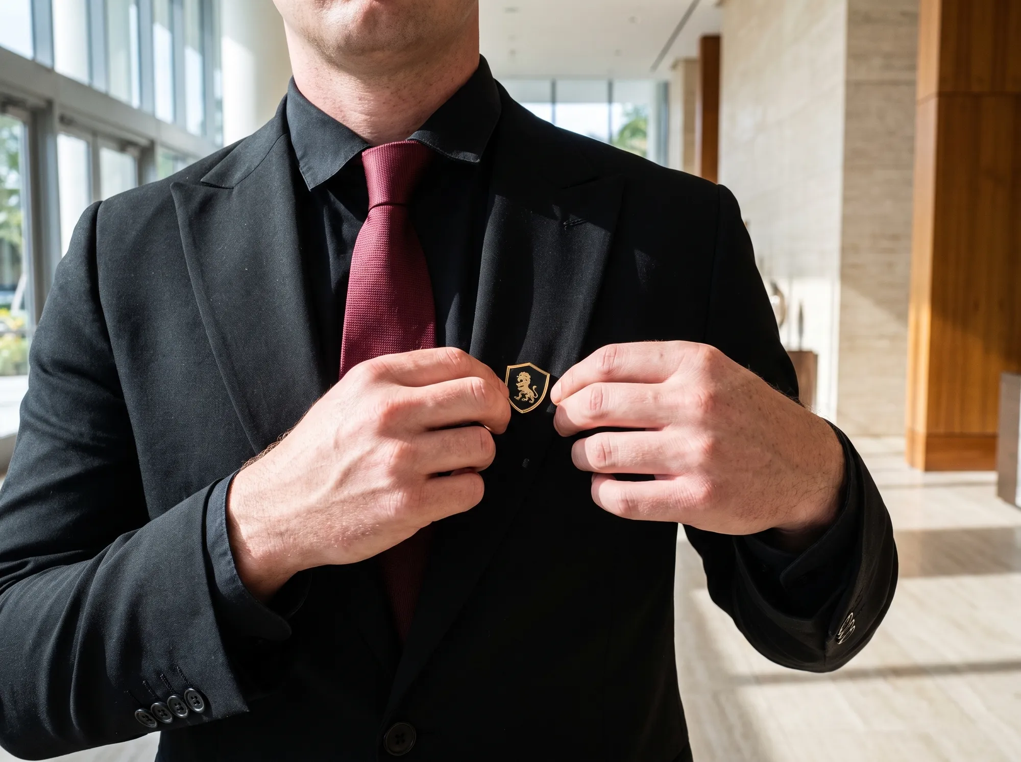 Officer fastening the Prestige Guard shield pin to the lapel of his black suit