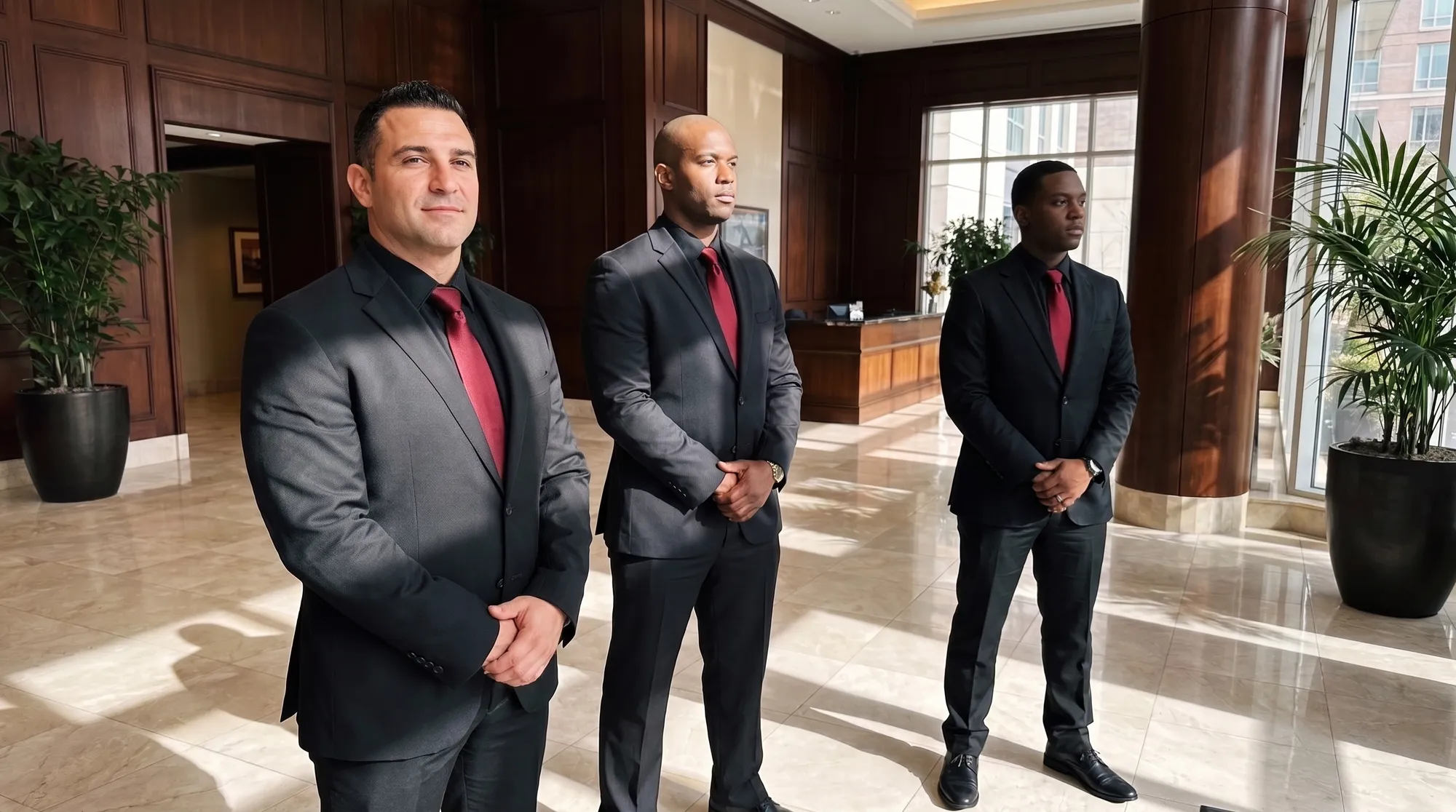 Three Prestige Guard officers in tailored black suits with red ties inside an elegant lobby