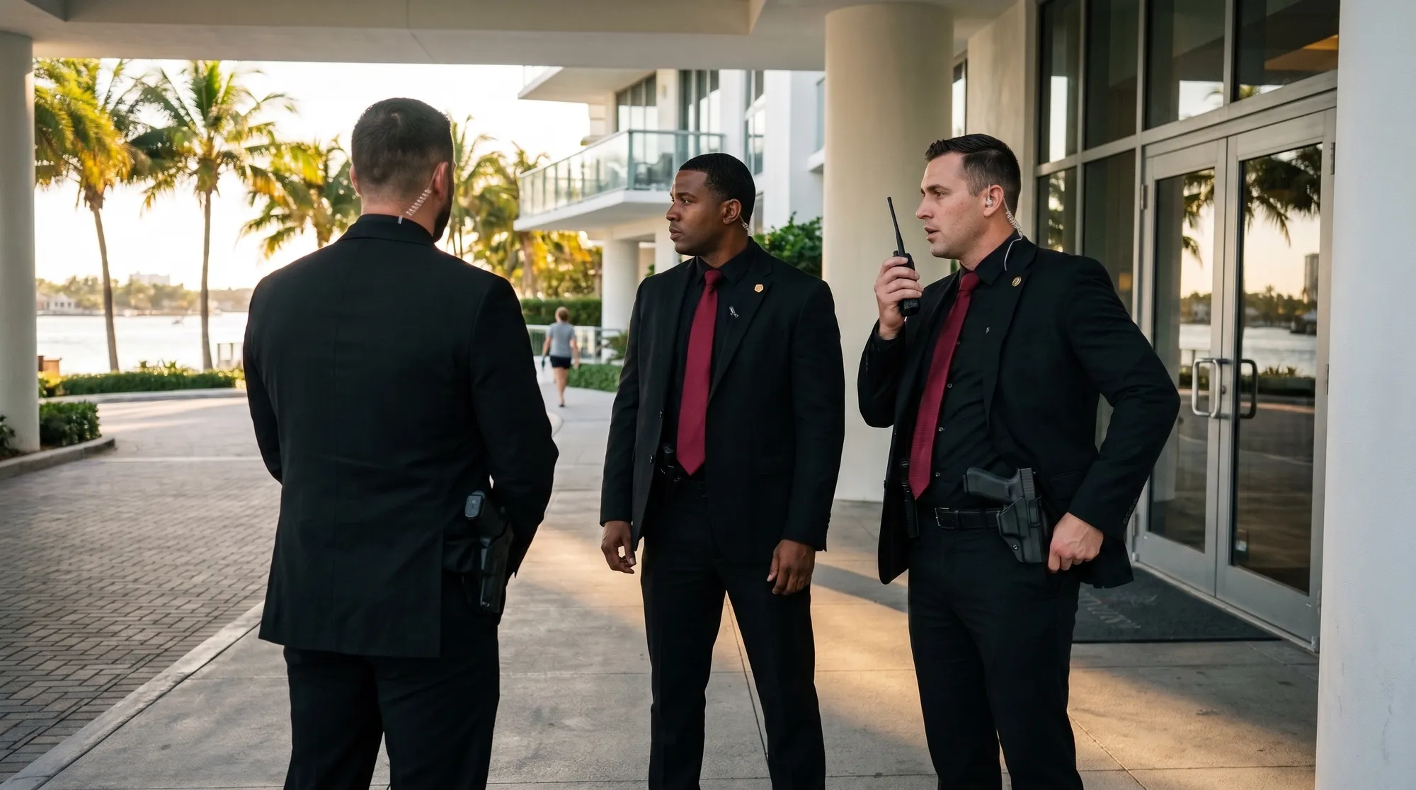Two licensed armed officers on post at the entrance of a South Florida waterfront building