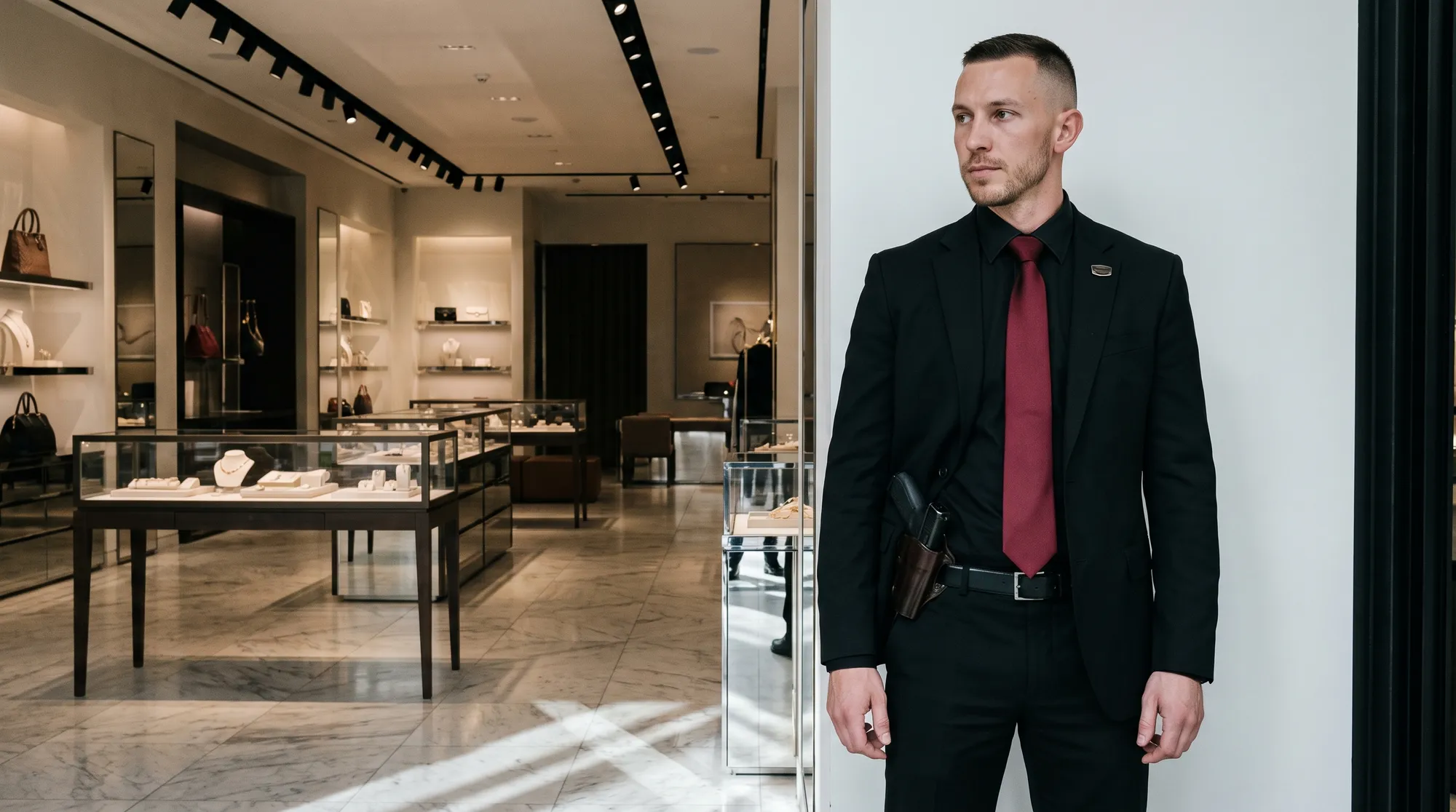 Licensed armed officer on post at the entrance of a luxury jewelry boutique, holster visible