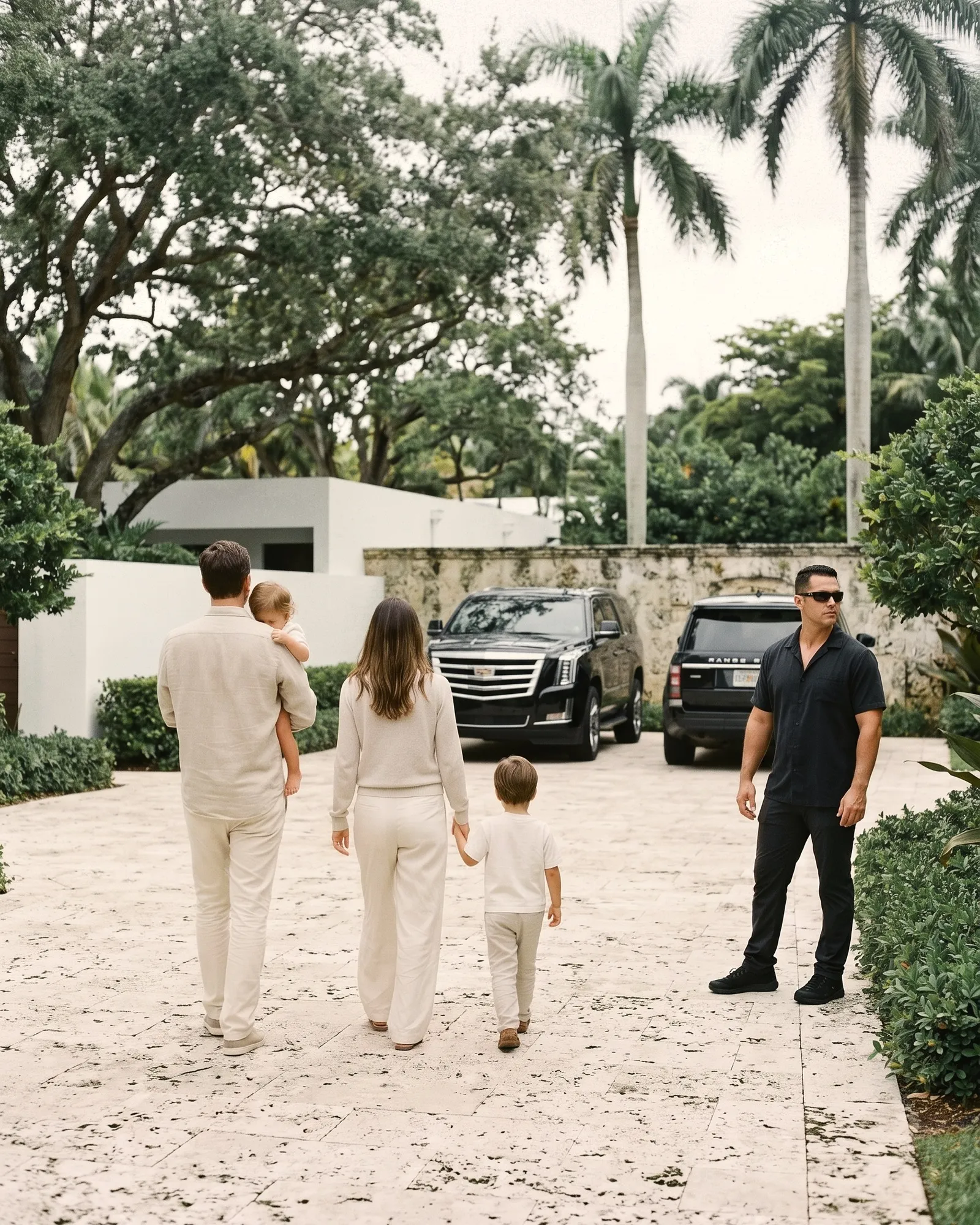 Family walking across a residence driveway toward their vehicles while a protection officer stands by