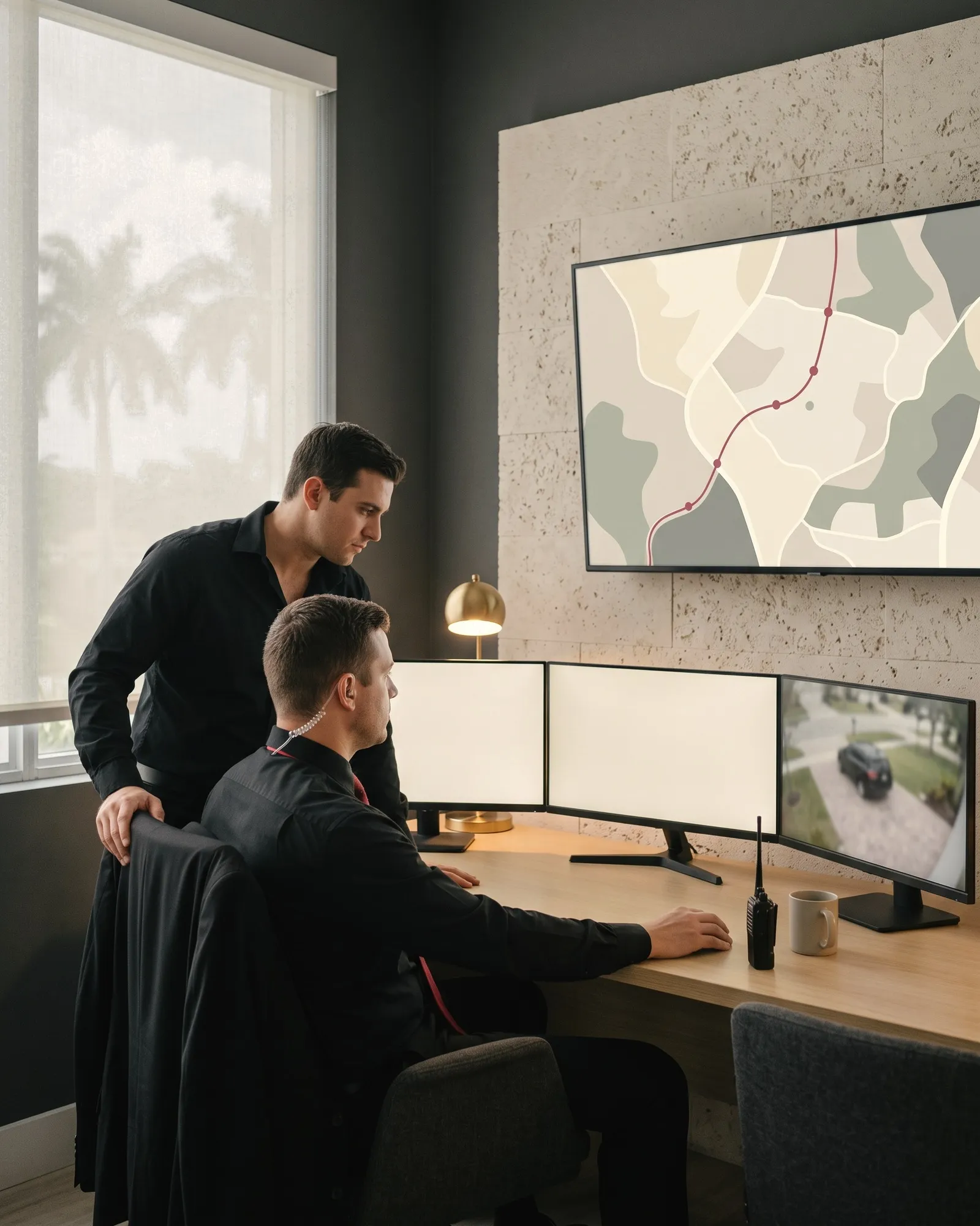 Two operators in a security operations room following a route on a wall map and a live driveway camera