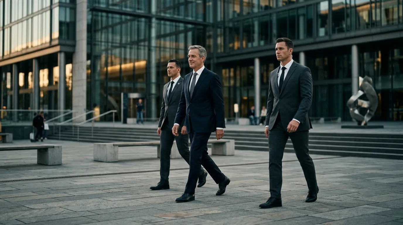 Protection detail walking with an executive across a corporate plaza