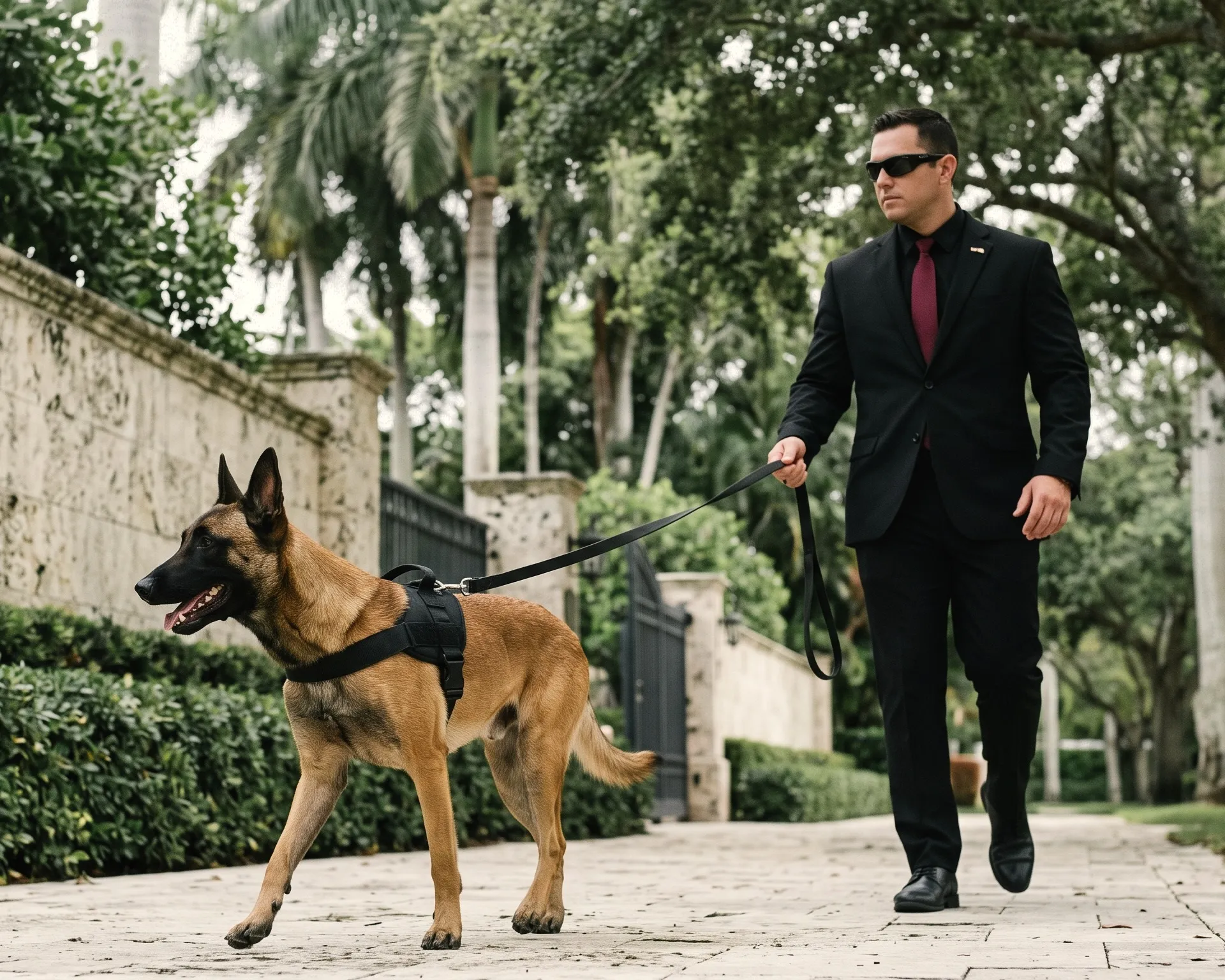 K9 handler in a dark suit walking a Belgian Malinois along the perimeter wall of a private estate in Miami