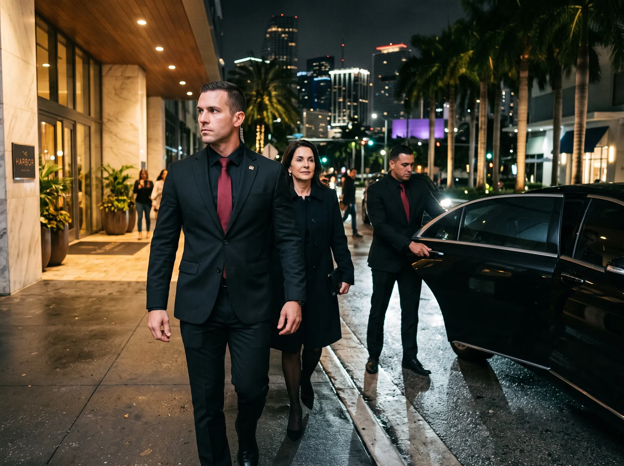 Officer walking a client from a waiting sedan to a Miami building entrance at night while a second officer holds the door