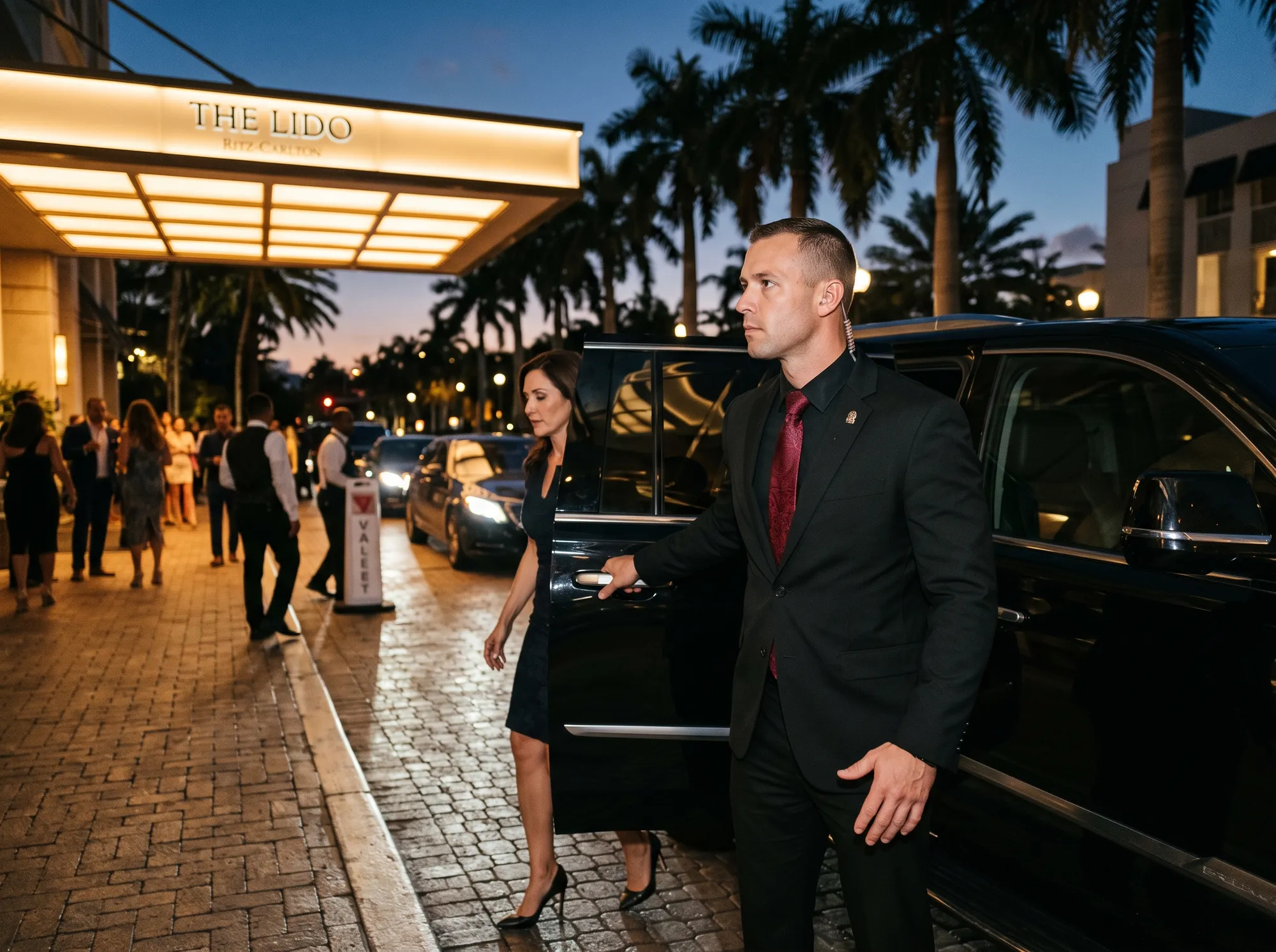 Officer holding the rear door of a black executive SUV as a client steps out at a Miami hotel entrance