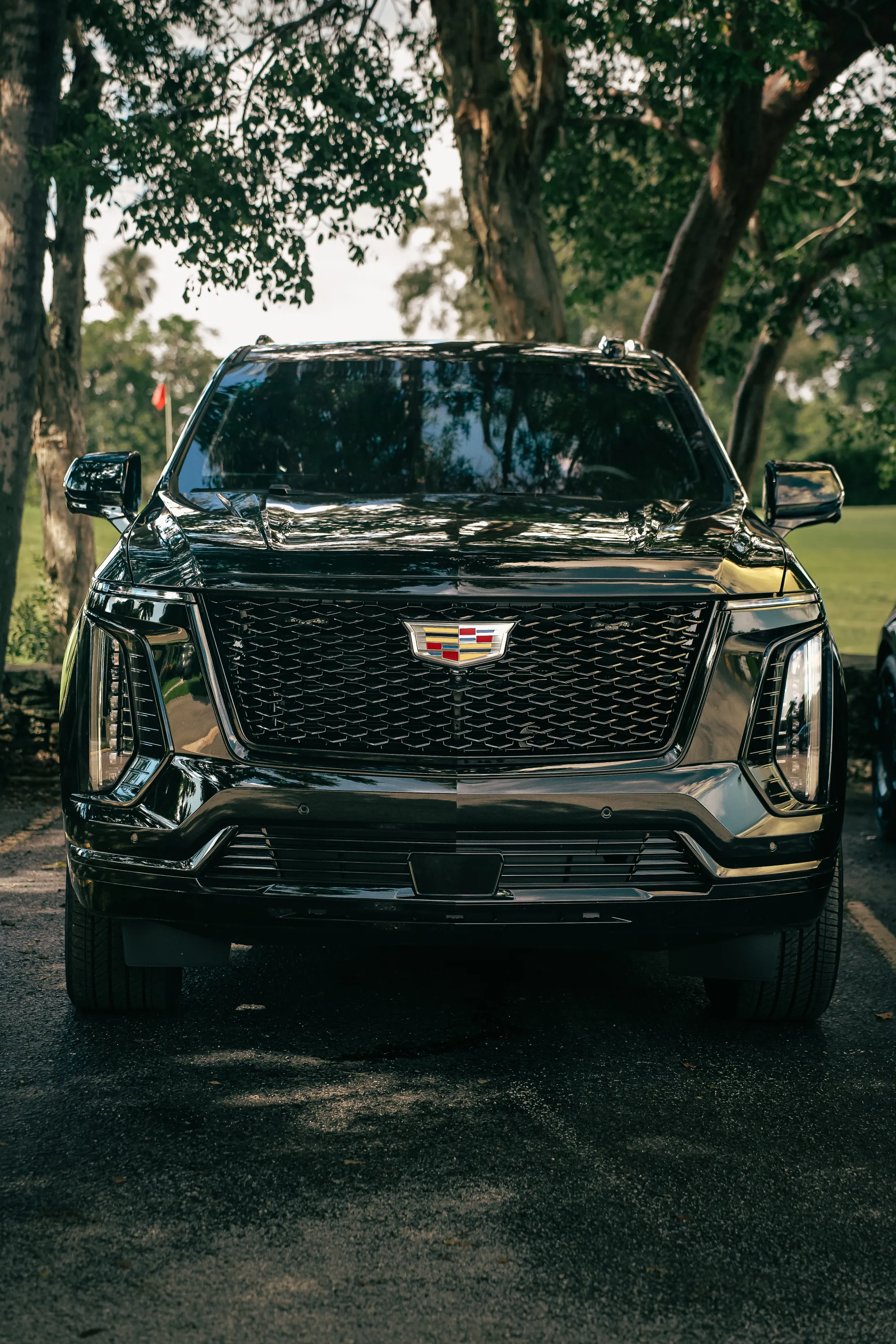 Black bulletproof armored Cadillac Escalade 2026 from the Prestige Guard fleet, front view