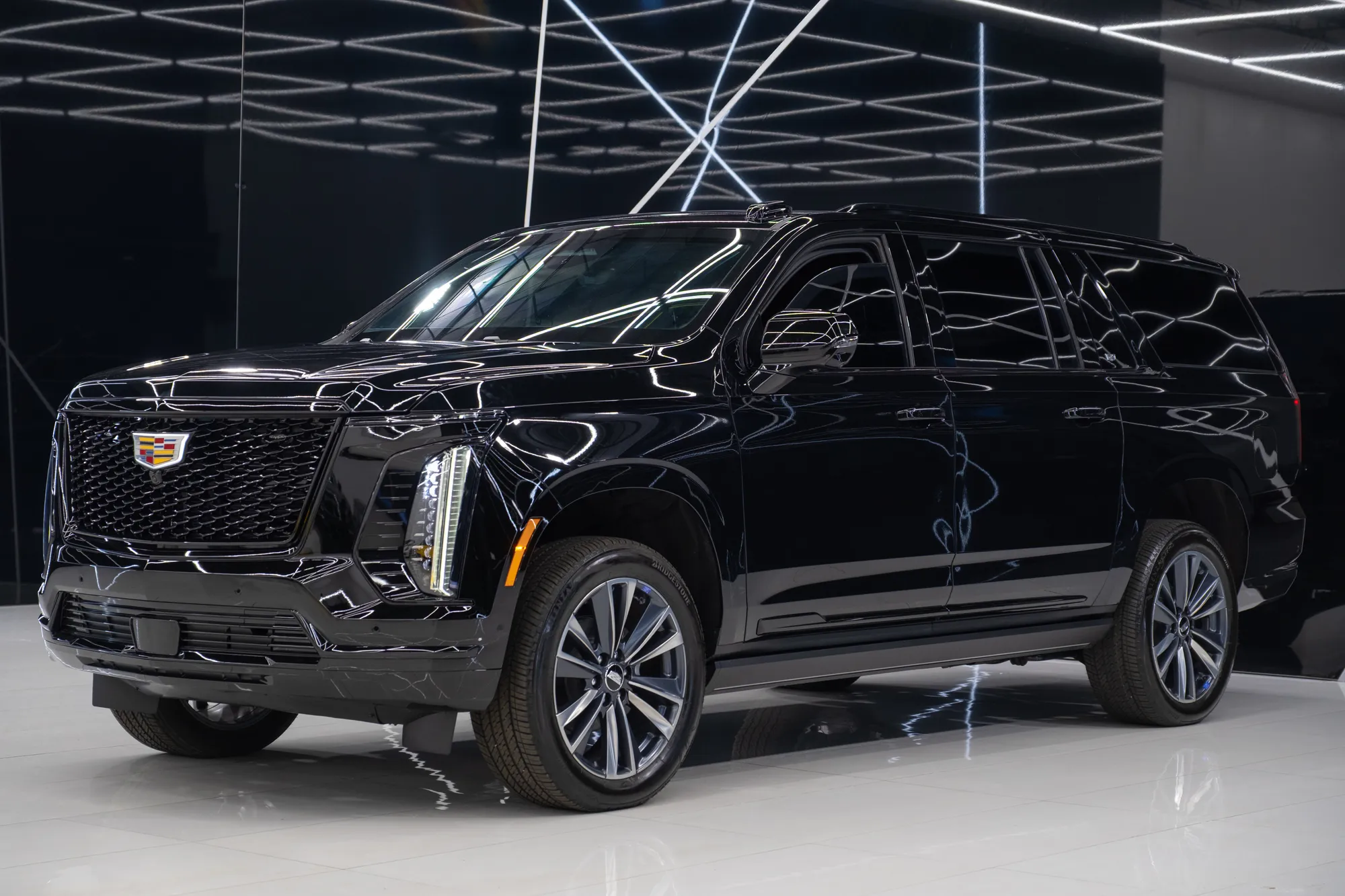 Bulletproof armored Cadillac Escalade 2026 from the Prestige Guard fleet, front three-quarter view