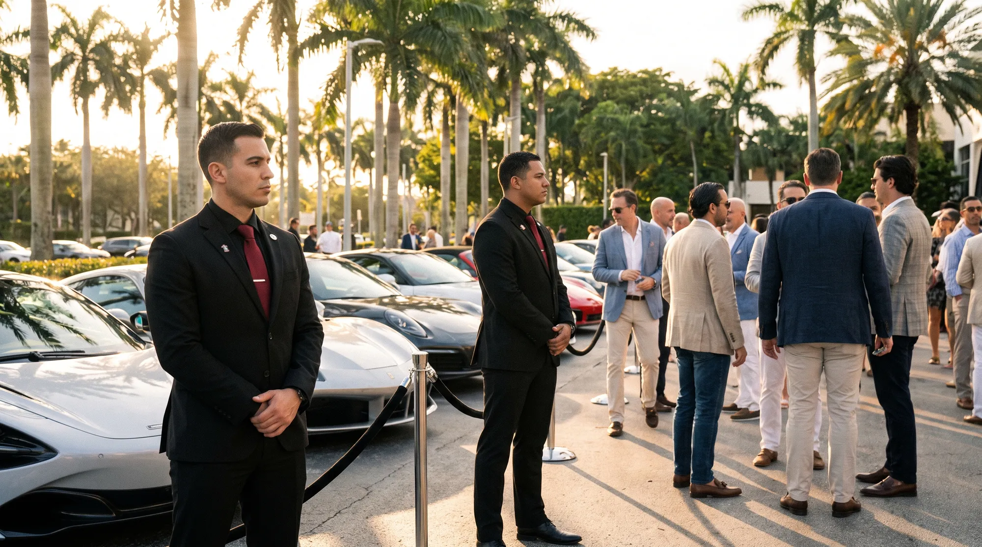 Officers posted along a roped supercar showcase at golden hour