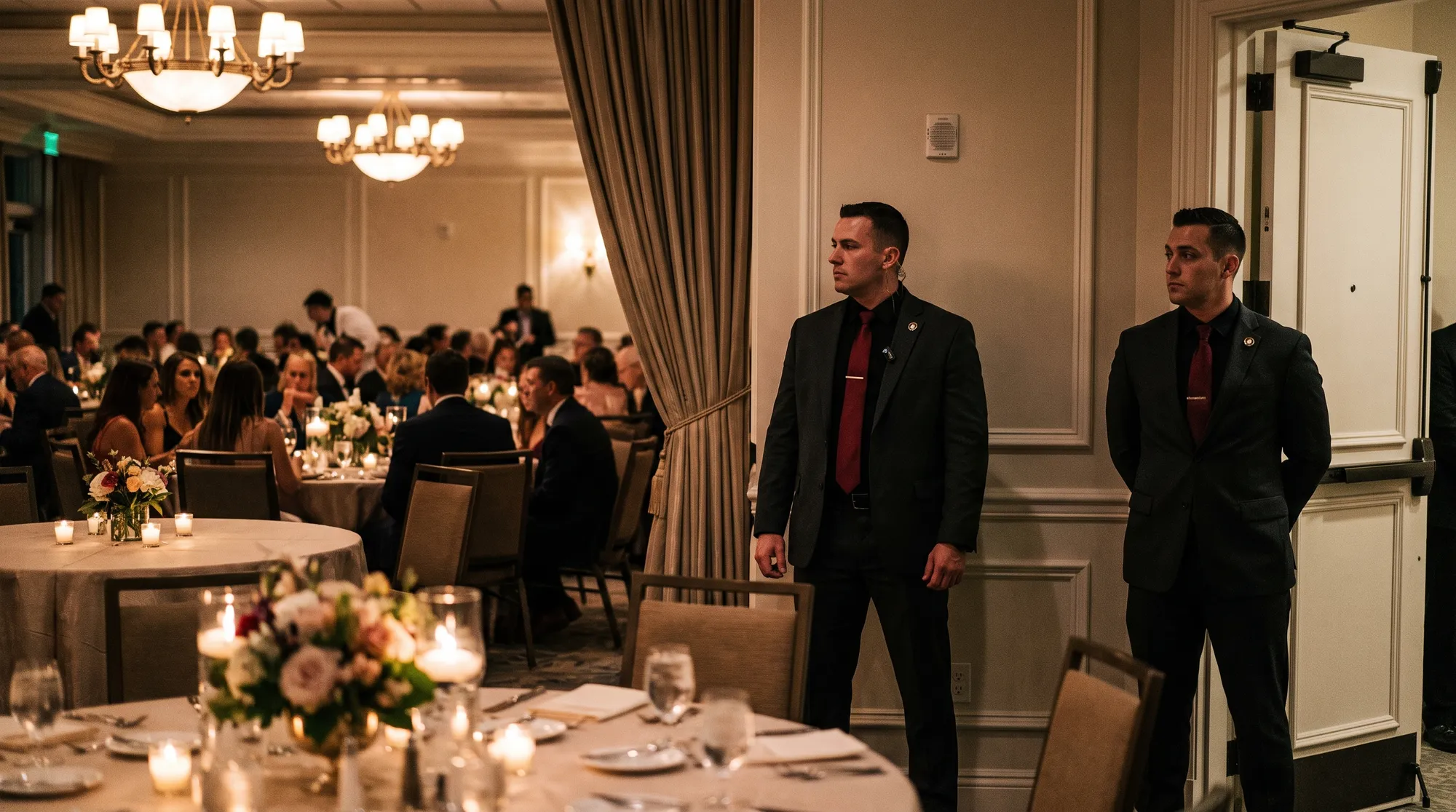 Two officers holding position at a private gala dinner