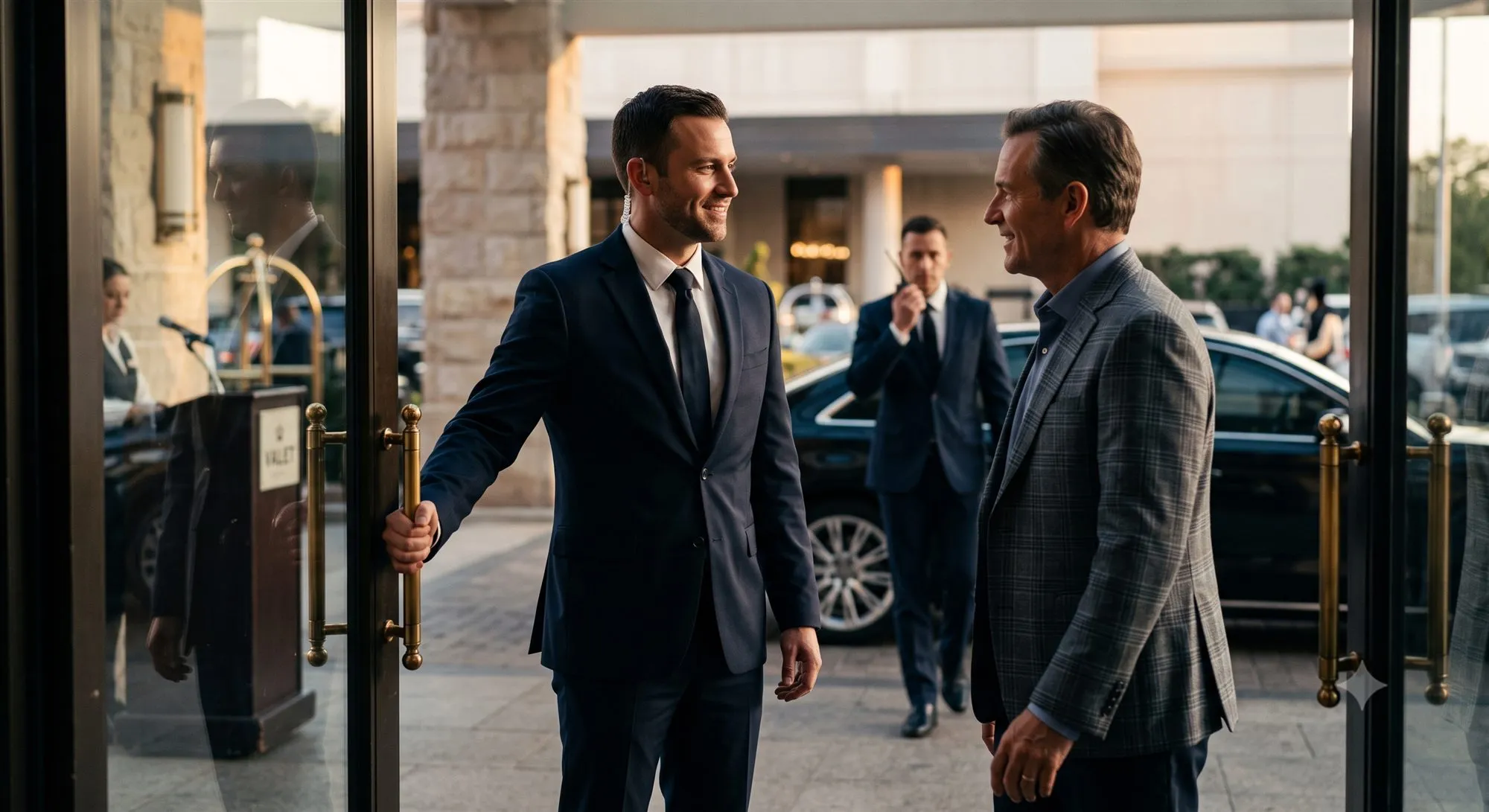Officer holding the door for a guest at a hotel entrance