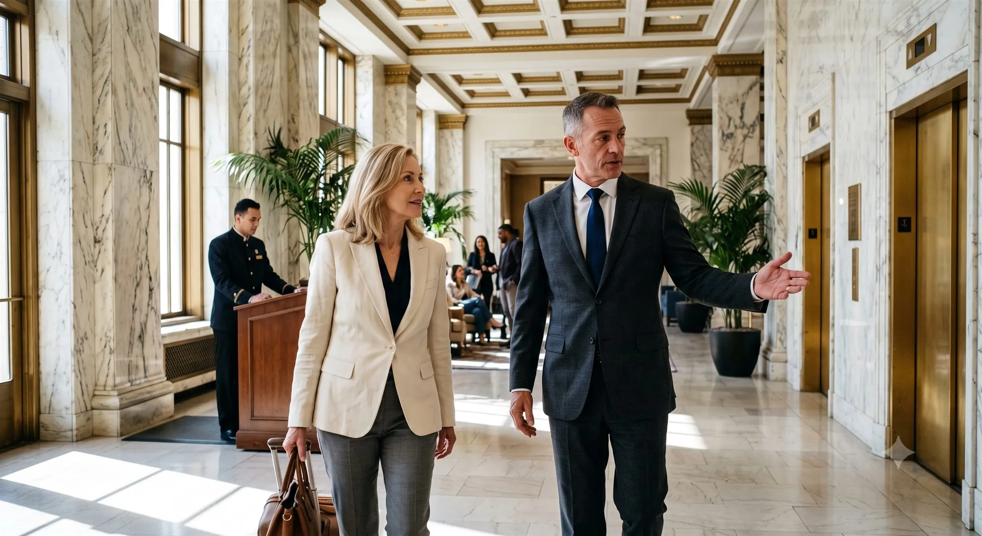Officer escorting a guest through a hotel lobby