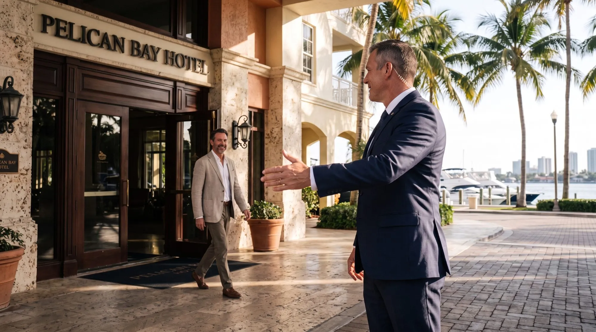 Officer welcoming an arriving guest at a hotel entrance