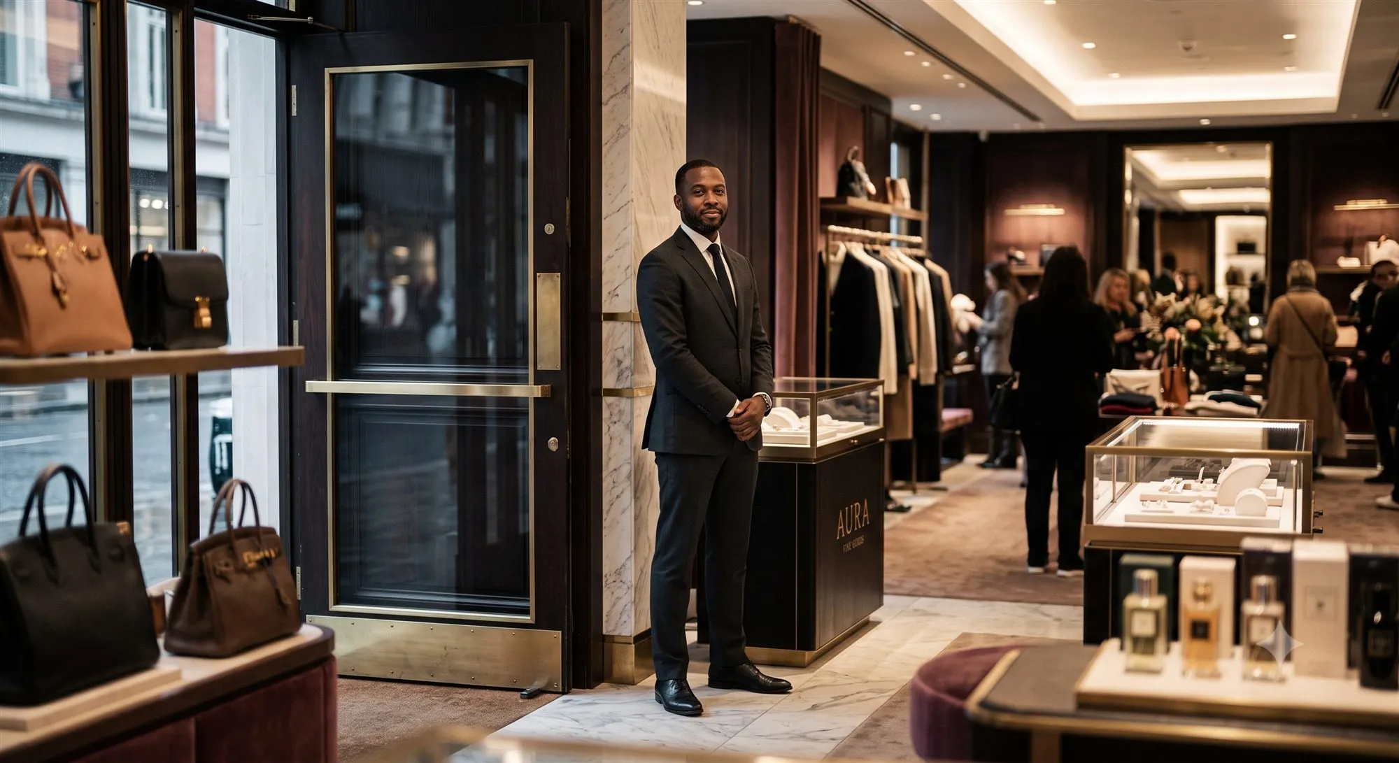 Officer positioned quietly inside a high-end boutique