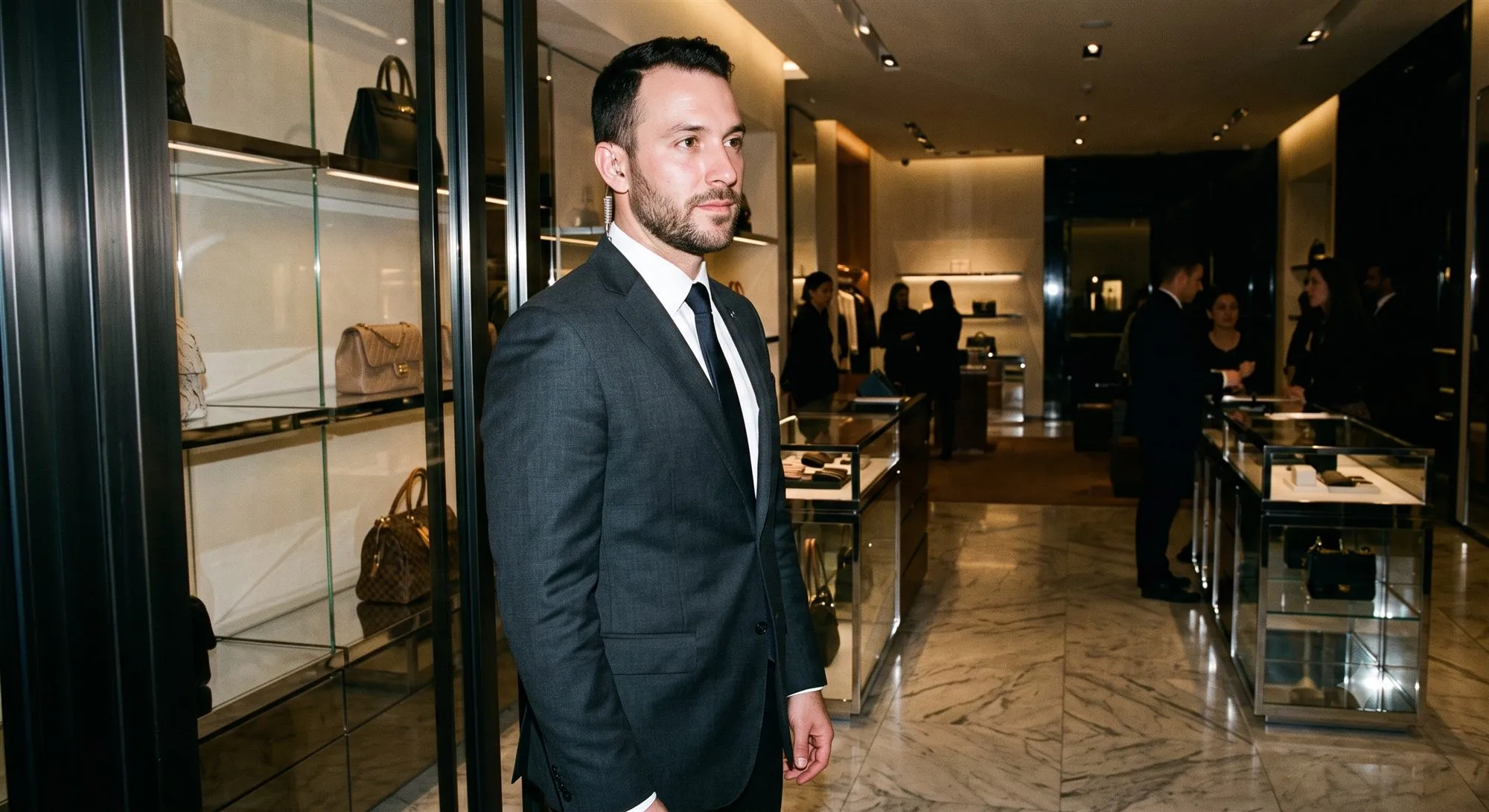 Officer overseeing a marble-floored luxury boutique