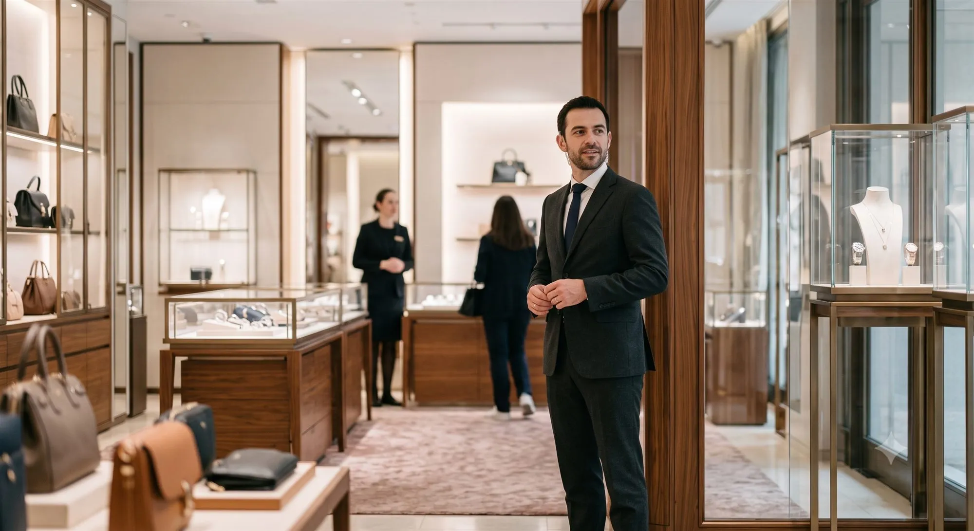 Officer standing discreetly inside a luxury jewelry boutique