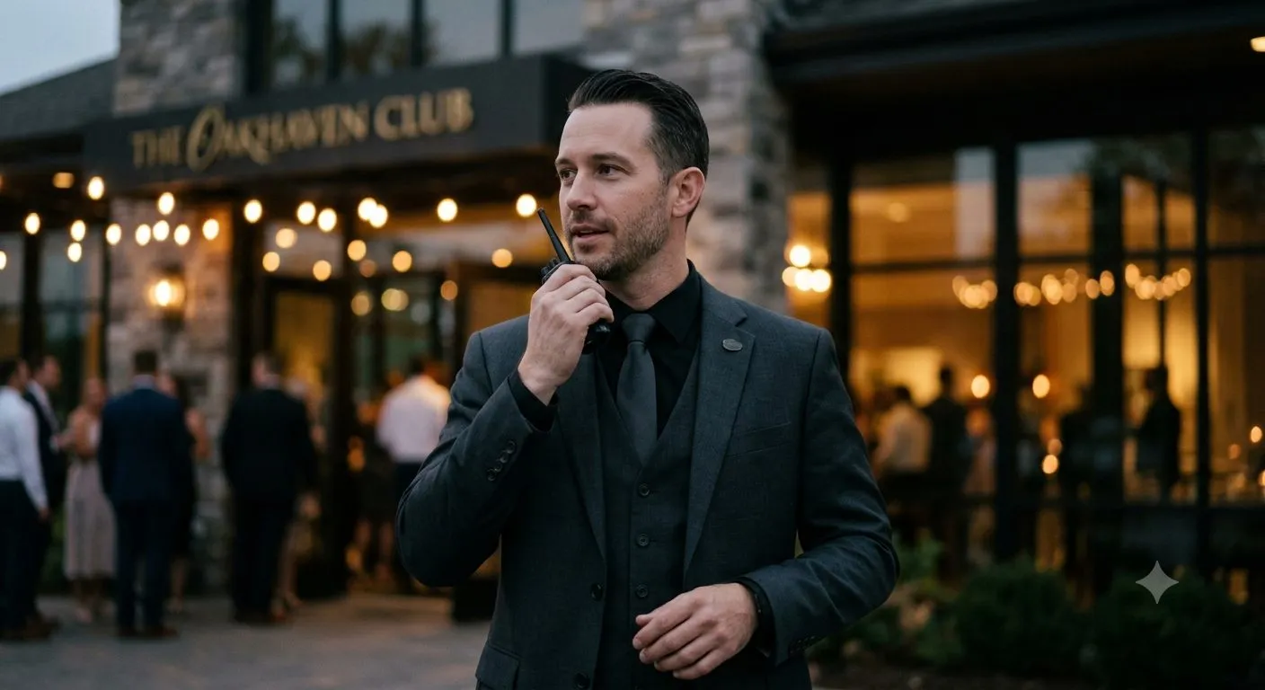 Officer at the entrance of an upscale club, composed and attentive