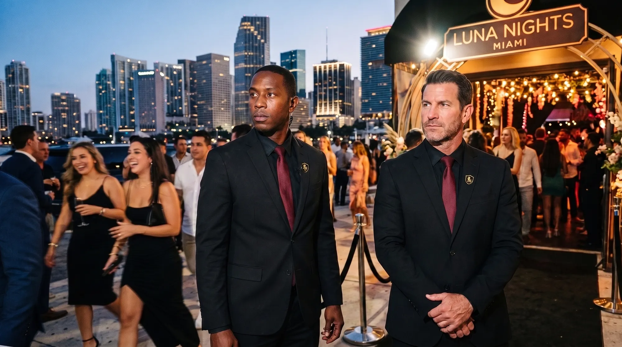 Two officers posted at a Miami nightclub entrance at dusk