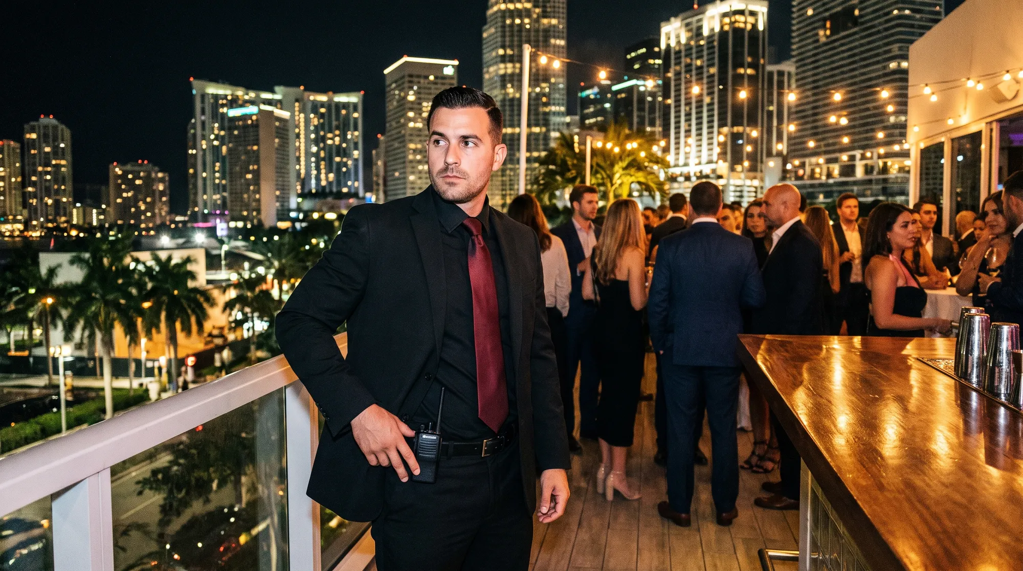Officer posted at the railing of a rooftop lounge with the Miami skyline behind