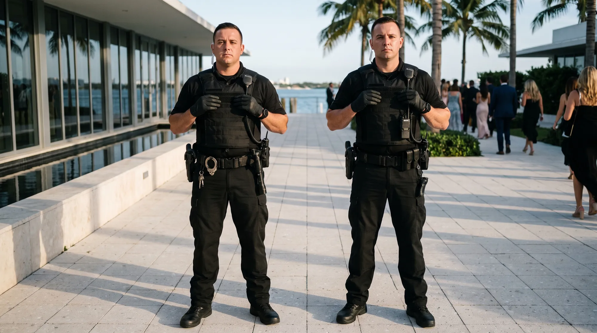 Two Prestige Guard officers in tactical duty gear on post on the waterfront walkway of a South Florida venue as guests arrive